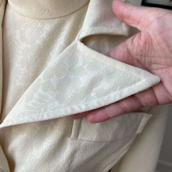 Vintage 70s Off White Cream Maxi Dress Point Collar Blazer Floral Jaquard - Picture 7 of 13